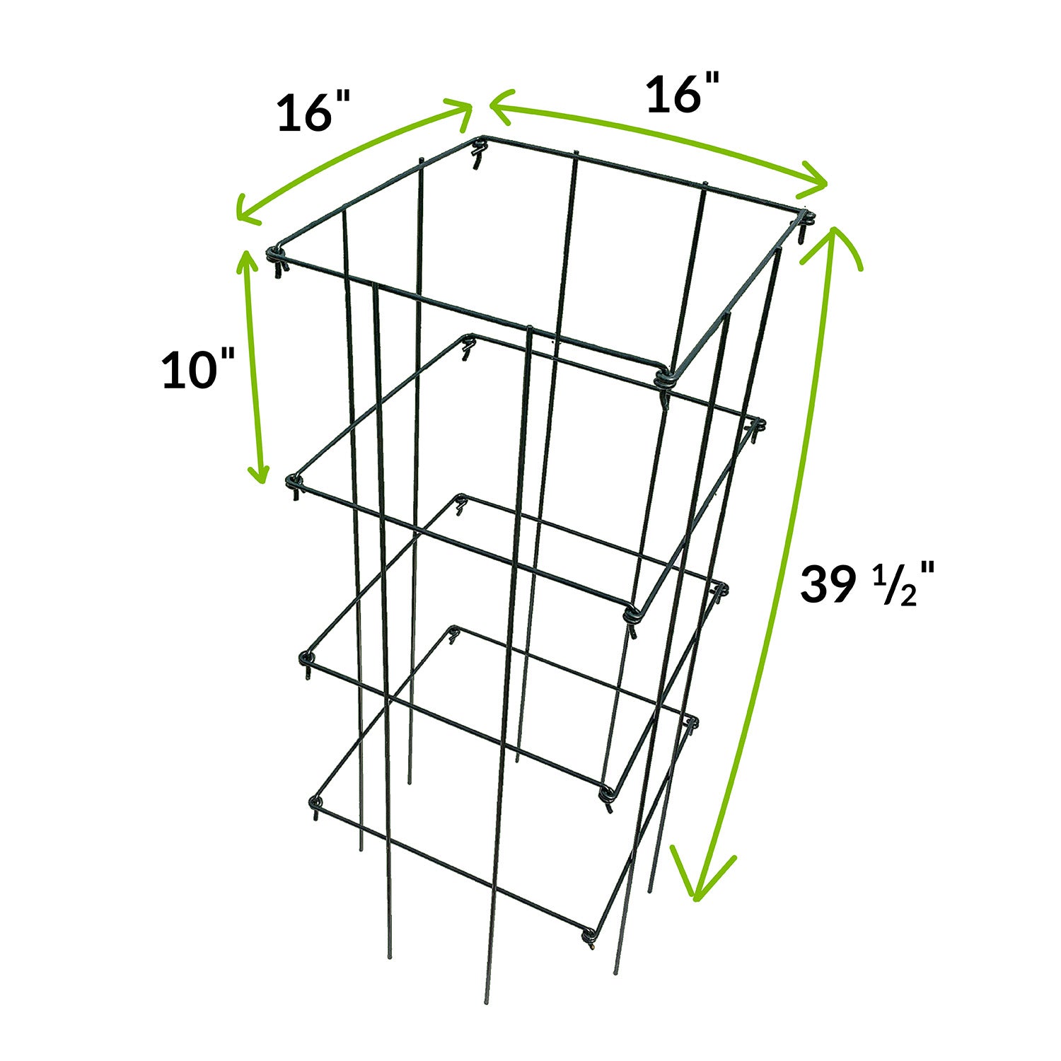 A black galvanized steel folding tomato cage with a square opening